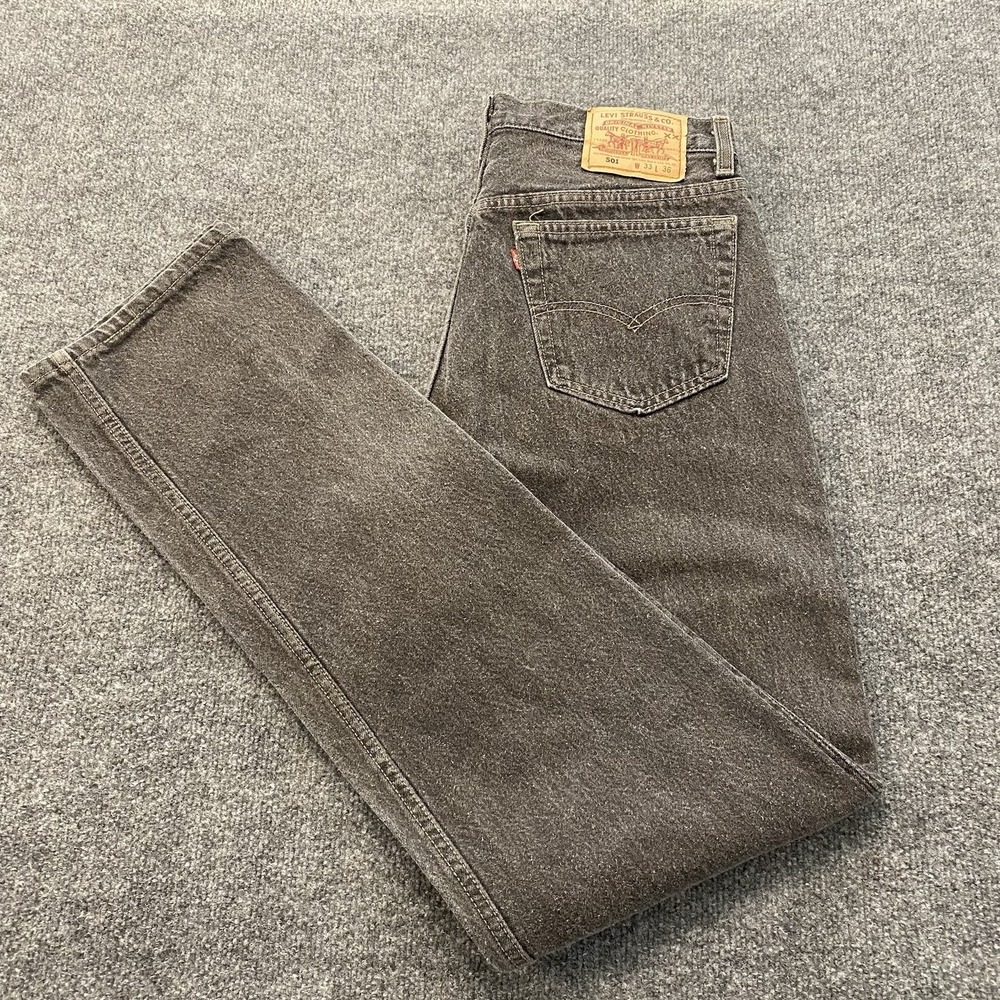 Vintage 90s Levis 501 Jeans Mens 33x36 Faded Black Denim Made in USA Button Fly